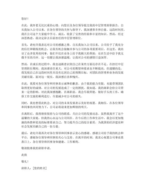 中层管理辞职报告范文
