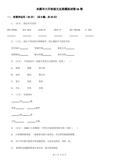本溪市小升初语文全真模拟试卷2A卷