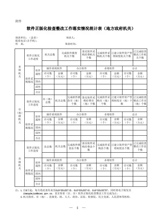 《软件正版化检查整改工作落实情况统计表(地方政府机关