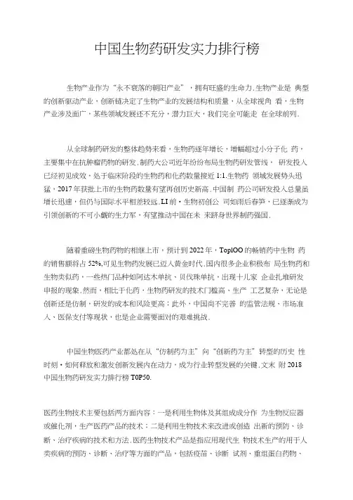 中国生物药研发实力排行榜
