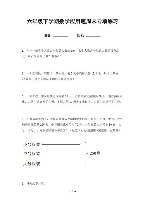 六年级下学期数学应用题周末专项练习