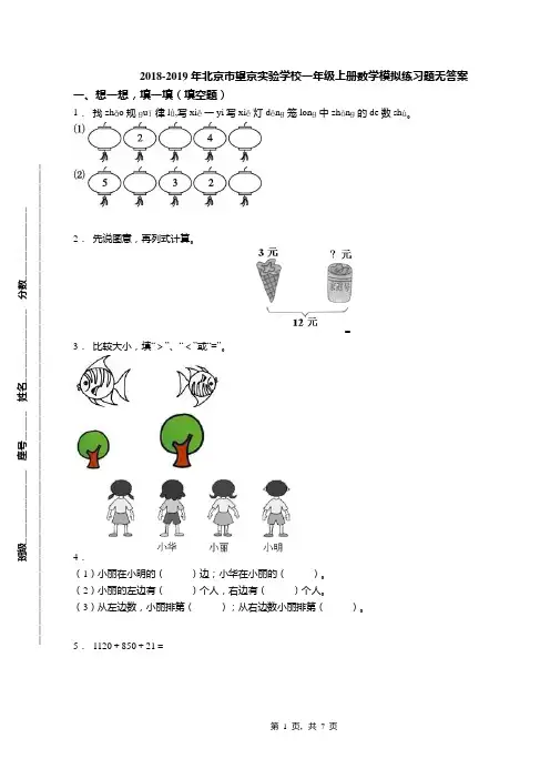 2018-2019年北京市望京实验学校一年级上册数学模拟练习题无答案