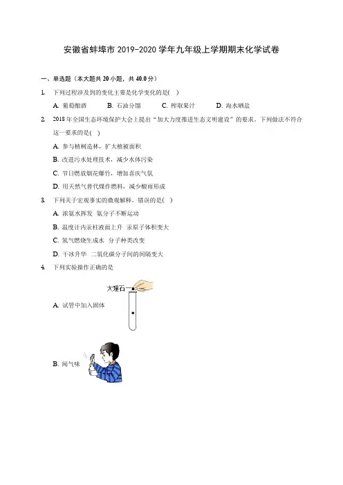 安徽省蚌埠市2019-2020学年九年级上学期期末化学试卷 (附答案解析)