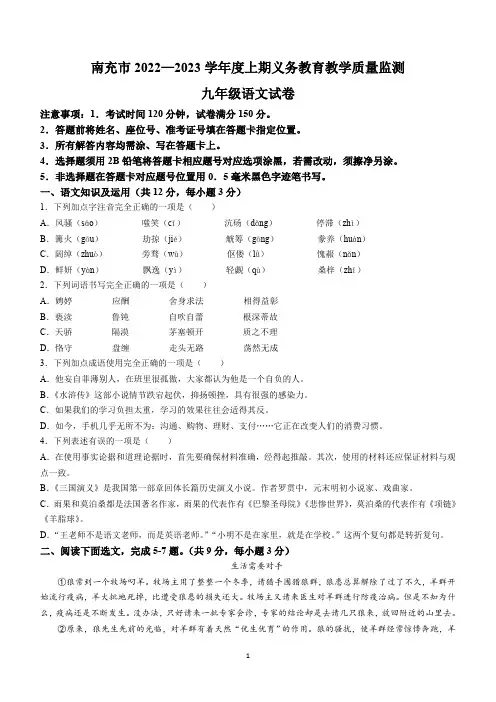 四川省南充市2022-2023学年九年级上学期期末语文试题(含答案)
