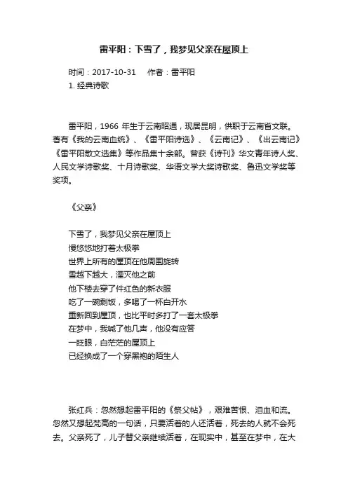 雷平阳：下雪了，我梦见父亲在屋顶上