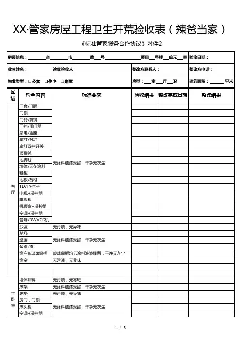 管家酒店公寓房屋工程卫生开荒验收表模板