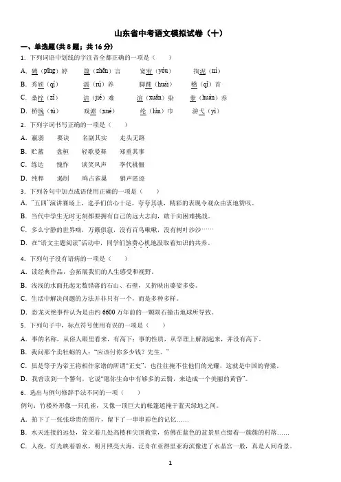 山东省中考语文模拟试卷(十)及答案