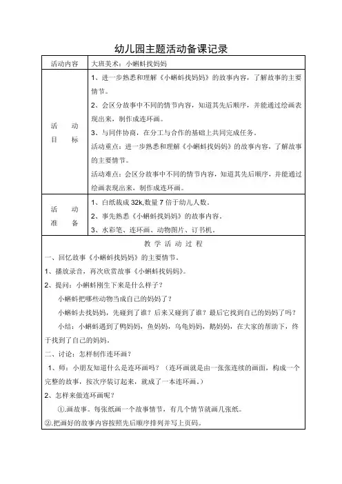 大班美术：小蝌蚪找妈妈教案及反思