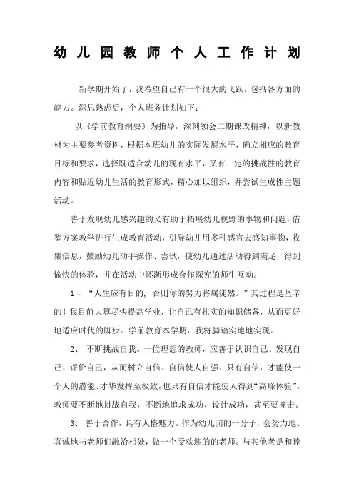 幼儿园教师个人工作计划