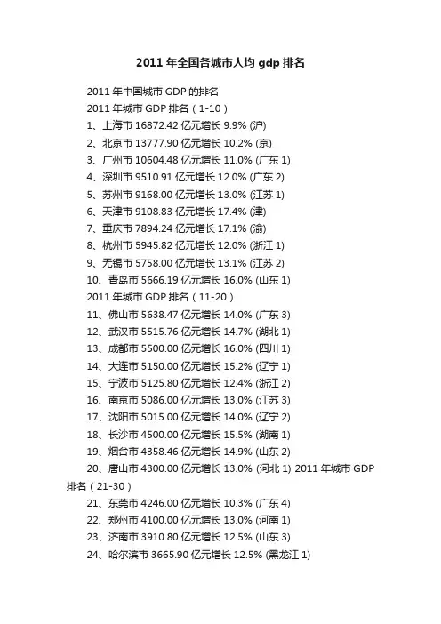 2011年全国各城市人均gdp排名