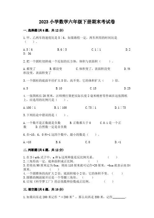 2023小学数学六年级下册期末考试卷含答案(综合卷)