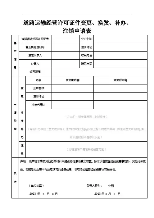 道路运输经营许可证件变更、换发、补办、注销申请表