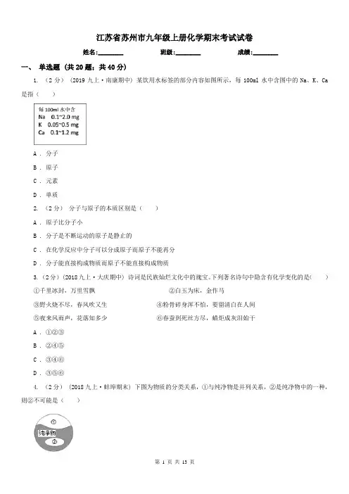 江苏省苏州市九年级上册化学期末考试试卷