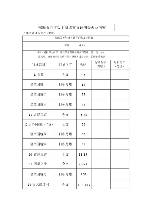 部编版五年级上册课文背诵闯关表及内容
