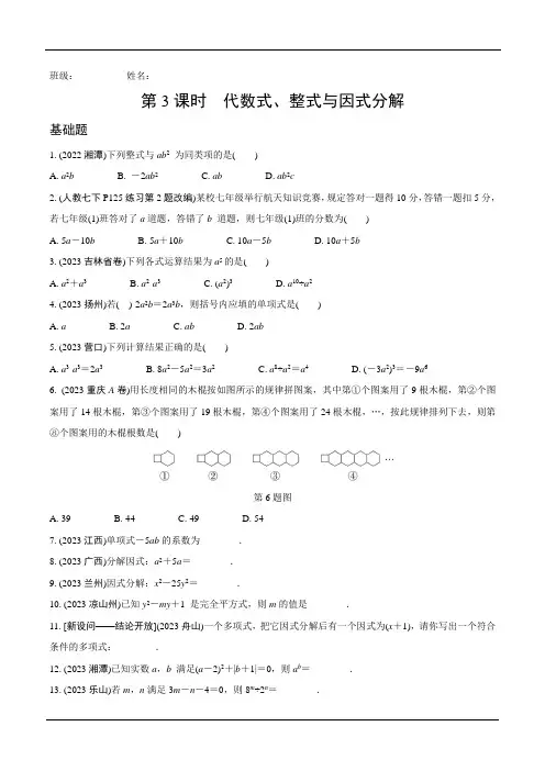 2024年中考数学总复习第二部分考点精练第一单元数与式第3课时代数式、整式与因式分解