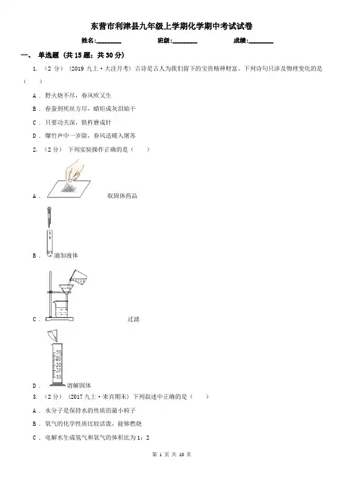 东营市利津县九年级上学期化学期中考试试卷