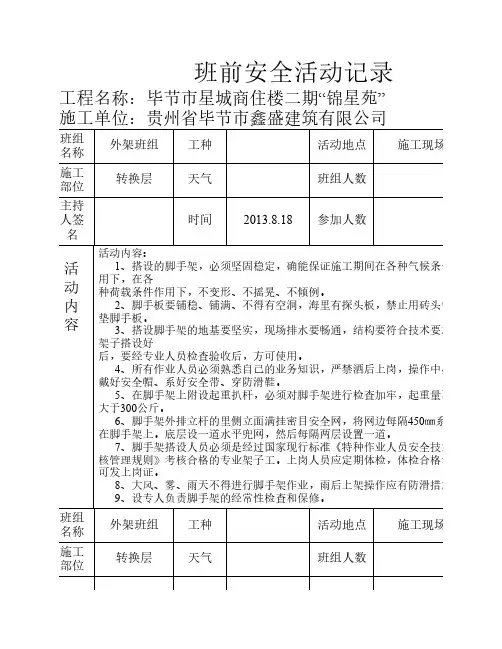 班前安全活动记录(外架班组    )