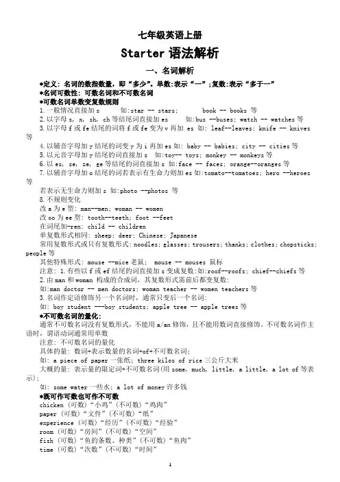 初中英语新外研版七年级上册Starter语法详细解析(名词+冠词)