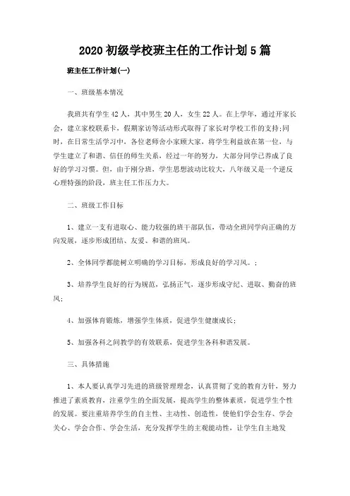 2020初级学校班主任的工作计划5篇