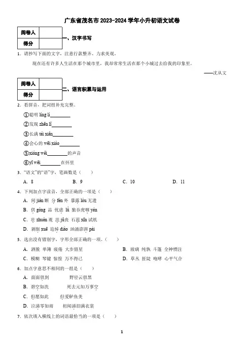 广东省茂名市2023-2024学年小升初语文试卷(含答案)