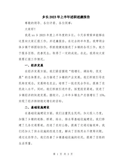 乡长2023年上半年述职述廉报告