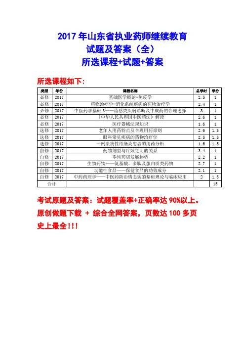 2017年山东省执业药师继续教育试题及答案(全)