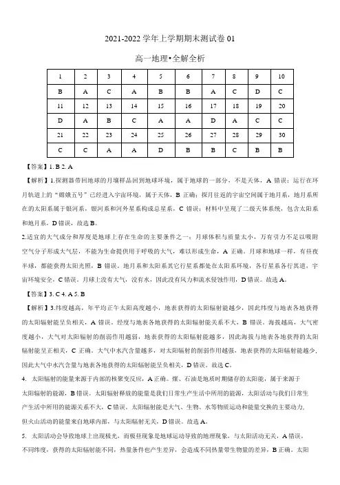 2021-2022学年高一地理上学期期末测试卷(鲁教版2019)01(全解全析)