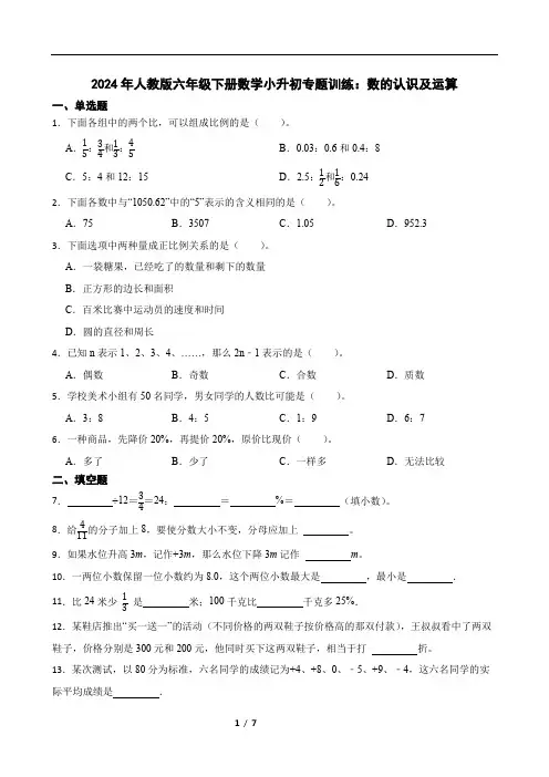 人教版六年级下册数学小升初专题训练：数的认识及运算(含答案)
