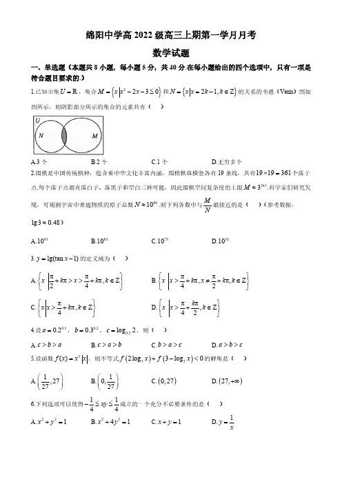 四川省绵阳市绵阳中学2024-2025学年高三上学期10月月考数学试题(含答案)
