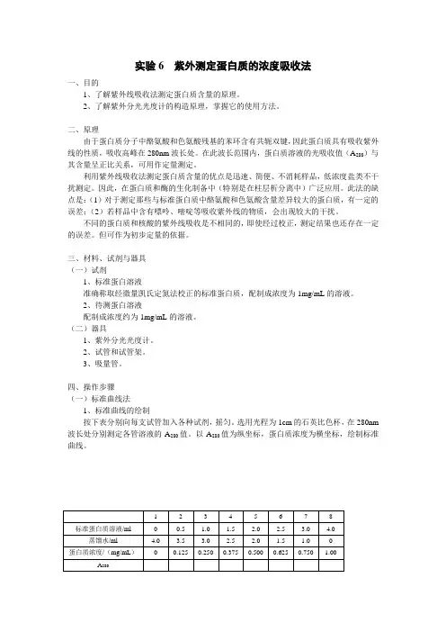 实验6紫外测定蛋白质的浓度吸收法