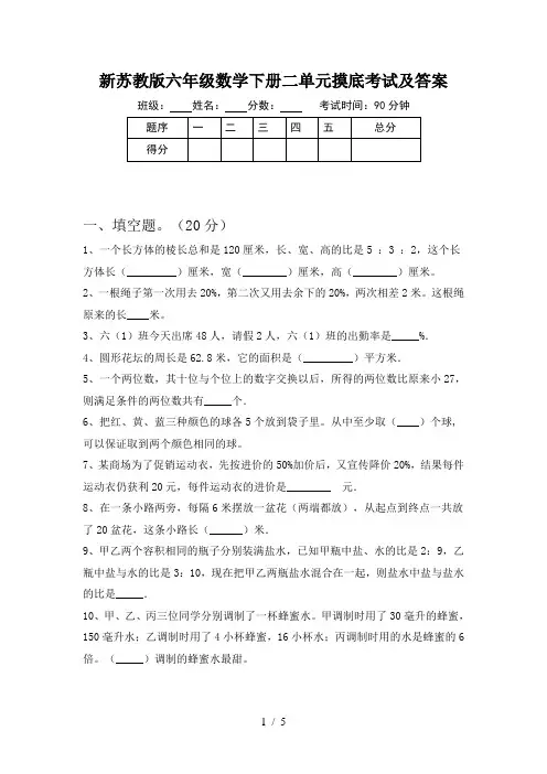 新苏教版六年级数学下册二单元摸底考试及答案