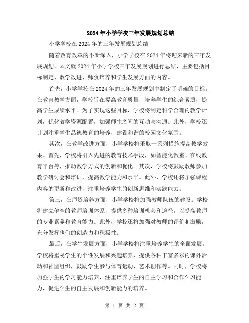 2024年小学学校三年发展规划总结