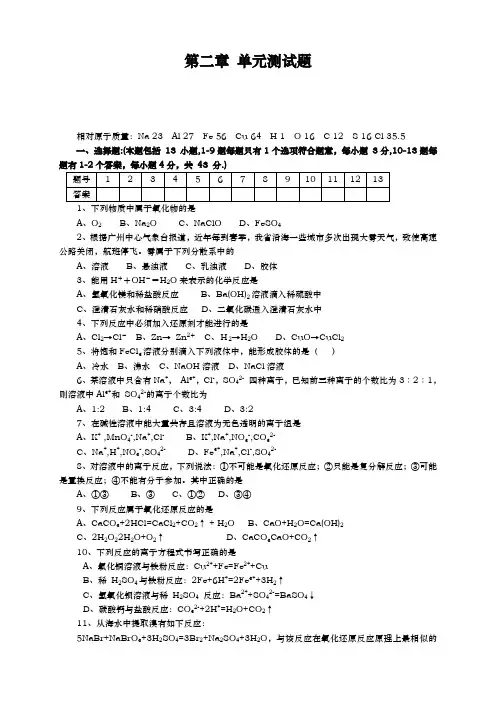 高中化学人教版必修1单元测试题(word版,有答案,共4份)第二章 单元测试题
