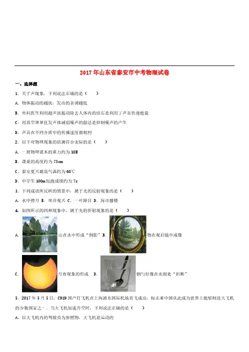 山东省泰安市2017年中考物理真题试题(含解析) (1)