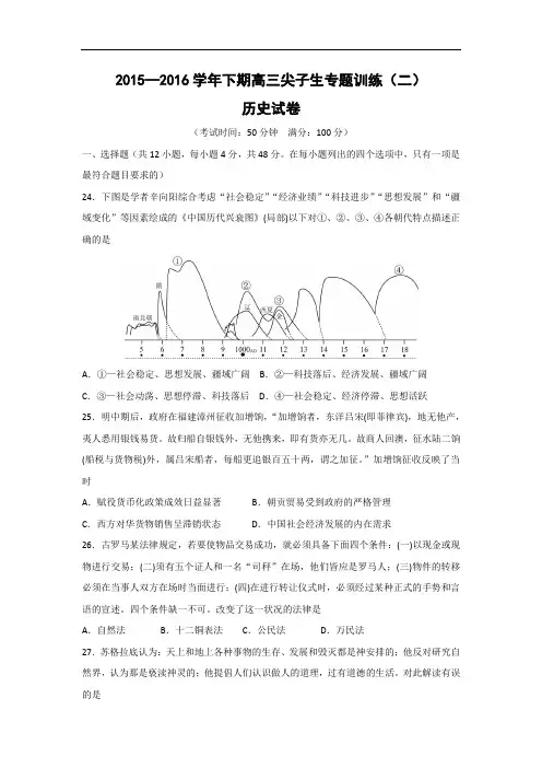 历史高考模拟题-高中历史题及答案-三门峡市陕州中学2016届高三下学期尖子生专题训练(二)试题