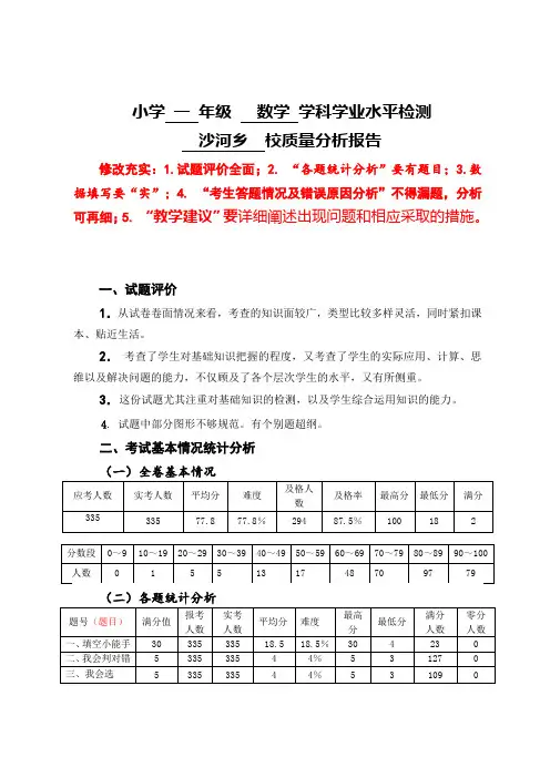 一年级数学试卷质量分析