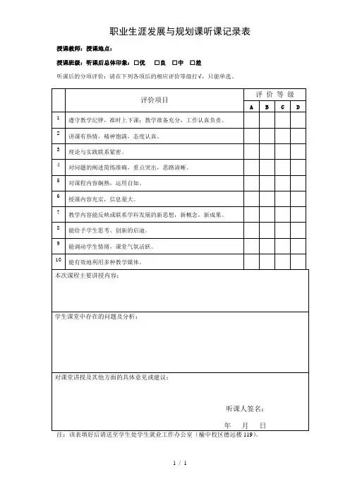 职业生涯发展与规划课听课记录表