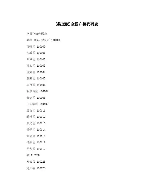 [整理版]全国户籍代码表
