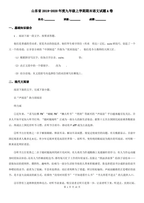 山东省2019-2020年度九年级上学期期末语文试题A卷