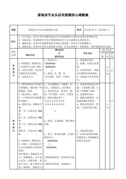 原地双手从头后向前掷实心球教案