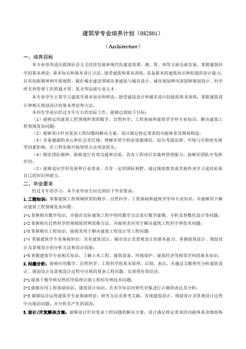 建筑学专业培养计划(082801)