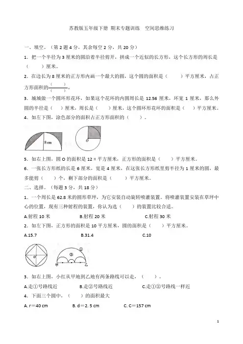 苏教版五年级数学下册期末专项练习空间思维练习 