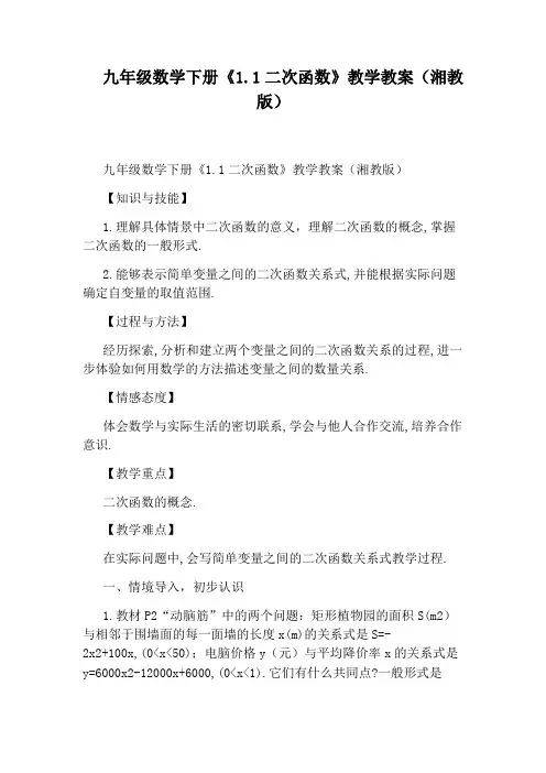 九年级数学下册《1.1二次函数》教学教案(湘教版)