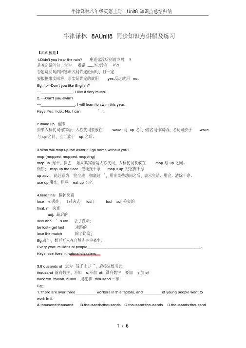 牛津译林八年级英语上册Unit8知识点总结归纳