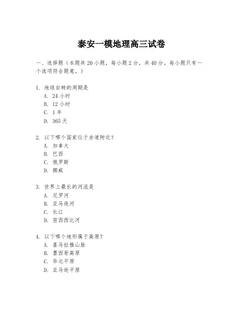 泰安一模地理高三试卷