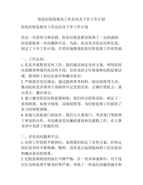 医院纪检监察室工作总结及下步工作计划