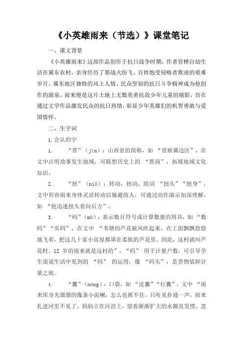 小英雄雨来(节选)课堂笔记