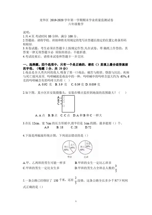 龙华区2019-2020学年第一学期期末学业质量监测试卷[数学]