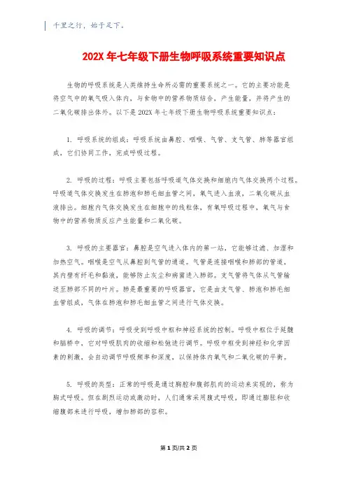 202X年七年级下册生物呼吸系统重要知识点
