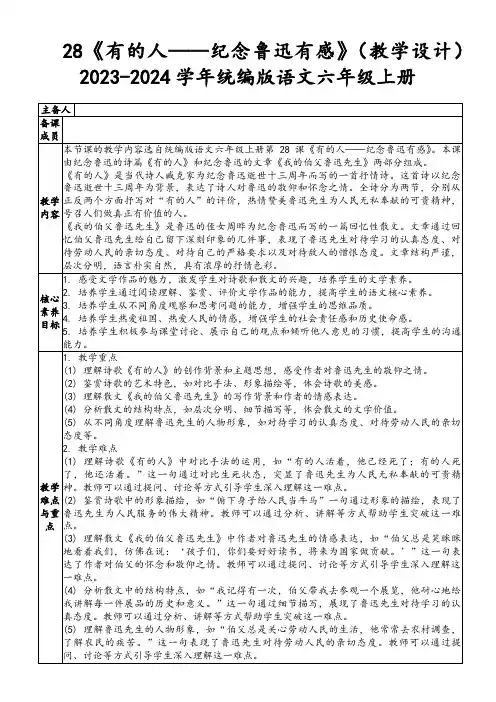 28《有的人——纪念鲁迅有感》(教学设计)2023-2024学年统编版语文六年级上册